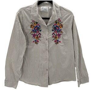 Linea by Louis Dell'Olio Striped Embroidered Boho Preppy Button Down Shirt Med